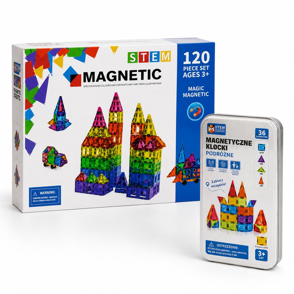 Zestaw Magnetycznych Klocków 120 el. + Travel Set 36 el. – Kreatywna Zabawa w Domu i w Podróży