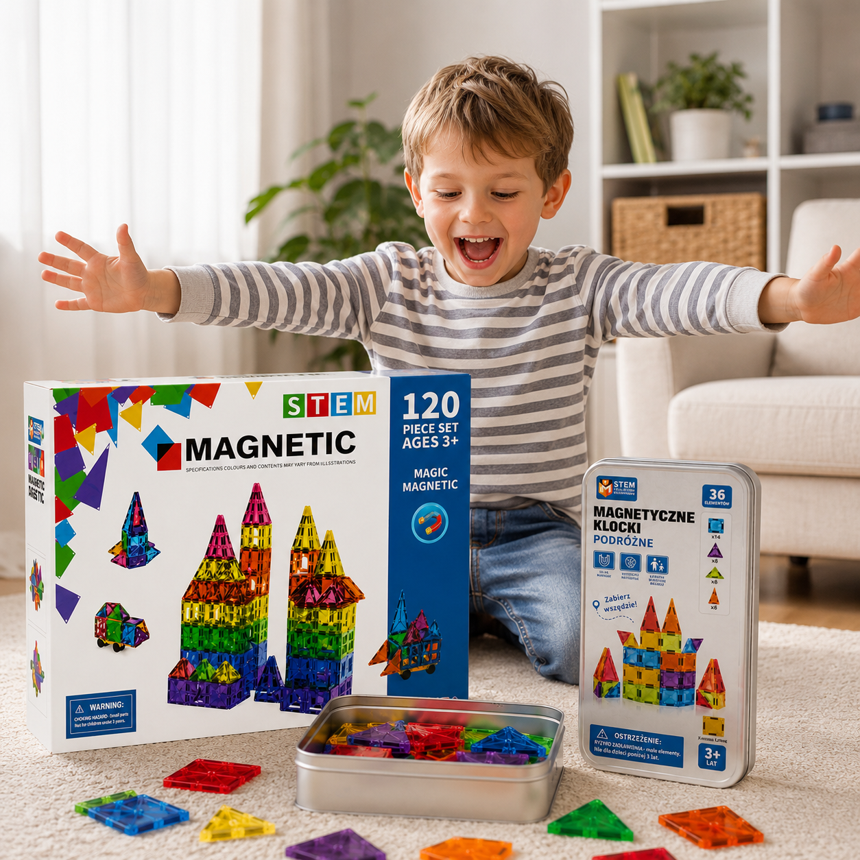 Zestaw Magnetycznych Klocków 120 el. + Travel Set 36 el. – Kreatywna Zabawa w Domu i w Podróży